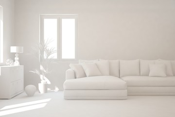 Mock up of stylish room in white color with sofa. Scandinavian interior design. 3D illustration
