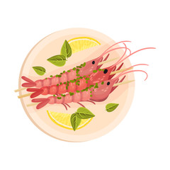 Skewered Prawns Rested on Plate with Greenery and Lemon Garnish Top View Vector Illustration