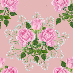 Watercolor pink roses seamless pattern. Bouquet of pink roses and gypsophila, painted by watercolor by hand on a pink background.
