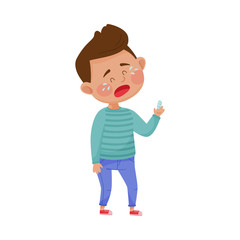 Obraz premium Little Boy Standing with Bandaged Finger and Crying Because of Pain Vector Illustration