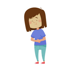 Little Girl Standing with Her Hands on Her Stomach Because of Pain Vector Illustration