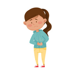 Little Girl Standing with Her Hands on Her Stomach Because of Pain Vector Illustration