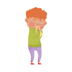 Little Boy Standing and Blowing Nose in Handkerchief Vector Illustration