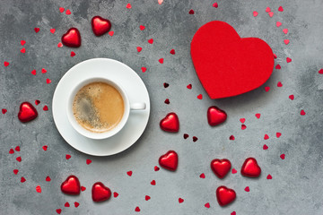Valentines day background with  sweets and  coffe cup on gray background
