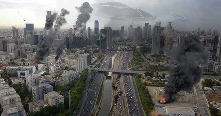 Alien Invasion over Large Destroyed City  Powerful Image Compositing, simulates Real Drone Image...