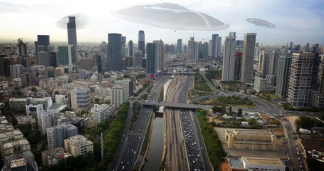 Alien Mother ships over major city Powerful Image Compositing, simulates Real Drone Image with...