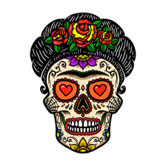 Vintage mexican woman skull isolated on white background. Design element for logo, label, sign, poster.