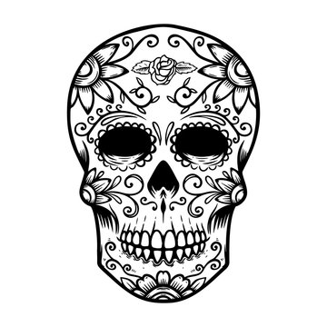 Vintage mexican sugar skull isolated on white background. Day of the dead theme. Design element for logo, label, sign, poster.