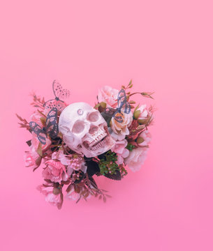 Skull and flowers on abstract surreal  background. atmosphere magic image. Creative season idea.