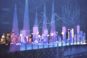 Fototapeta na wymiar Financial graph on night city scape with tall buildings background double exposure. Analysis concept.