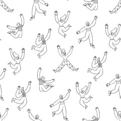 Fun trendy people jumping in the air with raised hands. Seamless anthropomorphic pattern. Vector illustration in doodle style