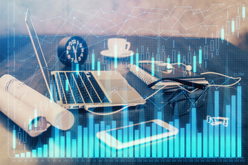 Multi exposure of graph and financial info and work space with computer background. Concept of international online trading.