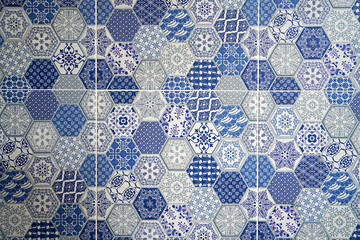 Close up Blue and white hexagonal wall tiles texture and surface