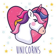 head of cute unicorn in heart and stars decoration vector illustration design