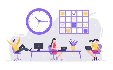 Tiny people characters working together with table and computer. Teamwork and time management concept flat style design vector illustration isolated white background.