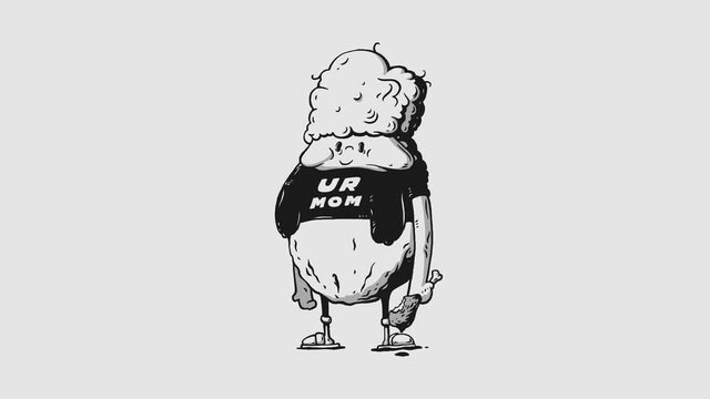 Fat woman with ur mom print on a t-shirt hand drawn loop able animation, motion graphic. Cartoon character. Funny 2D animation.