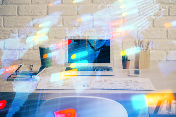 Double exposure of desktop computer and technology theme hologram. Concept of software development.