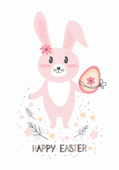 Cute Easter Bunny with an Easter egg. Greeting card or banner in Scandinavian hand drawn style. Funny little cartoon rabbit. Happy Easter. Vector illustration. Holiday decoration for Kids and babies.