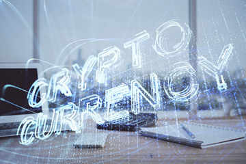 Double exposure of blockchain theme hologram and table with computer background. Concept of bitcoin crypto currency.