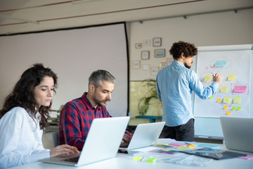 Focused young man explaining strategy to coworkers. Confident businessman drawing on board with flowchart made from sticky notes. Business strategy concept