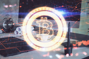 Fototapeta premium Double exposure of blockchain theme hologram and table with computer background. Concept of bitcoin crypto currency.