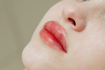 Lips after permanent makeup in beauty salon
