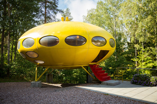 ESPOO, FINLAND - SEP 02, 2018: The utopian plastic house Futuro, designed by Finnish architect Matti Suuronen in Espoo Museum of Modern Art