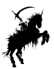 Ominous silhouette of a black unicorn on the rack, riding it death with a scythe in the hood, they are dressed in rags fluttering in the wind. 2D illustration.