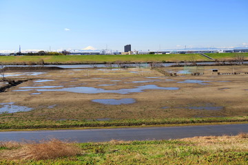 Fototapeta na wymiar 土手から見る早春の雨上がりの江戸川河川敷風景
