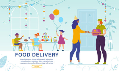 Sweet Pastry Delivery to Kids Party. Online Service Banner. Woman Mother Ordering Fresh Baked Donuts for Children on Birthday Celebration. Female Courier Delivering Confectionary. Vector Illustration
