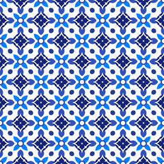 Azulejos portuguese traditional ornamental tile, blue and white seamless pattern