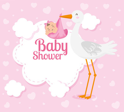 Baby Shower Card With Cute Stork And Decoration Vector Illustration Design