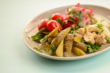 Vegetable veggies salad with pickles, cherry tomatoes, mushrooms and red cabbage served in white plate