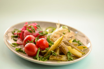 Vegetable veggies salad with pickles, cherry tomatoes, mushrooms and red cabbage served in white plate