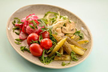 Vegetable veggies salad with pickles, cherry tomatoes, mushrooms and red cabbage served in white plate