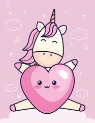 cute unicorn with heart kawaii style vector illustration design