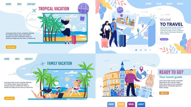 Tour Agency Landing Page Design Set. Touristic Online Service Inviting to Travel. Family Vacation, Trip to Exotic Resort, World Cruise Along, with Guide. People Choosing Booking Rout via Internet