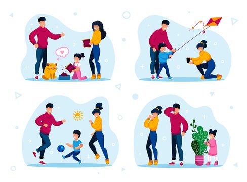 Family Healthy Lifestyle, Home Games and Activities Trendy Flat Vector Concept Set. Parents with Children Feeding Cat, Launching Kite, Playing Football and Hide-and-Seek Together Isolated Illustration