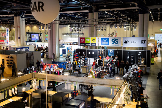 HelsinkiI, Finland - MARCH 16, 2019: GOEXPO Winter 2019 fair in the Messukeskus. Spacious hall of ExpoCentre with winter sport equipment shops. All for active lifestyle and outdoor activities.