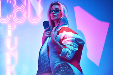 Beautiful cyborg woman wearing modern clothes in futuristic nightclub. Cyberpunk concept art