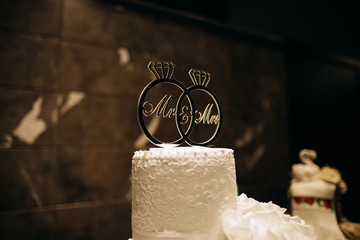 White wedding cake with signature on dessert table. Sweet food