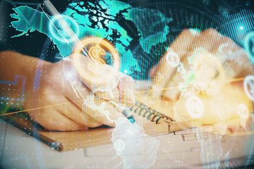 Fototapeta premium Forex chart displayed on woman's hand taking notes background. Concept of research. Double exposure