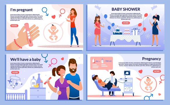Pregnancy Accurate Testing, Event Planning Service, Internet Startup for Future Parents, Modern Medical Technologies for Pregnant Women Trendy Flat Vector Web Banners, Landing Pages Templates Set