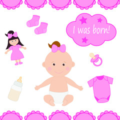 Baby birth card vector flat illustration. Cute newborn kids girl.