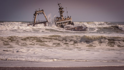 A shipwreck in the Skeleton Coast National Park in Namibia.