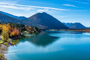 Naklejka na ściany i meble Sylvenstein reservoir lake in autumn, Bad Toelz, Bavaria, Germany, Europe