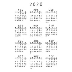 Hand drawn Calendar Template for 2020 Year. Good for education or business.