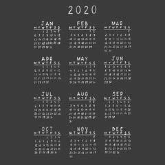 Hand drawn Calendar Template for 2020 Year. Good for education or business.