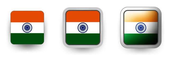 6 India vector icons - button shield and gear, flat and volumetric style in flag colors orange, green, white for flyer any holiday design or poster