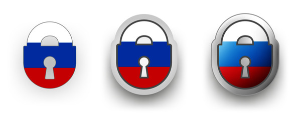 6 vector icons of Russia - flag shield button and cogwheel, flat and volumetric style in flag colors red, blue, white for poster, flyer